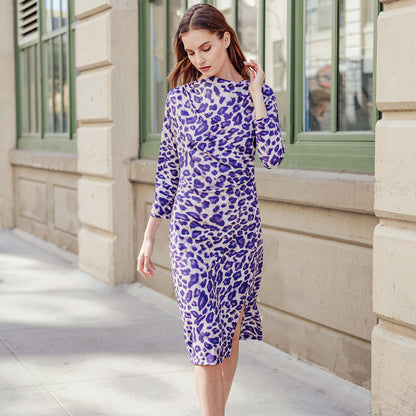 Foil Knit - Side Slit 3/4 Sleeve Midi Dress - Plum Cheetah - Final Sale! | Clara Sunwoo Trending