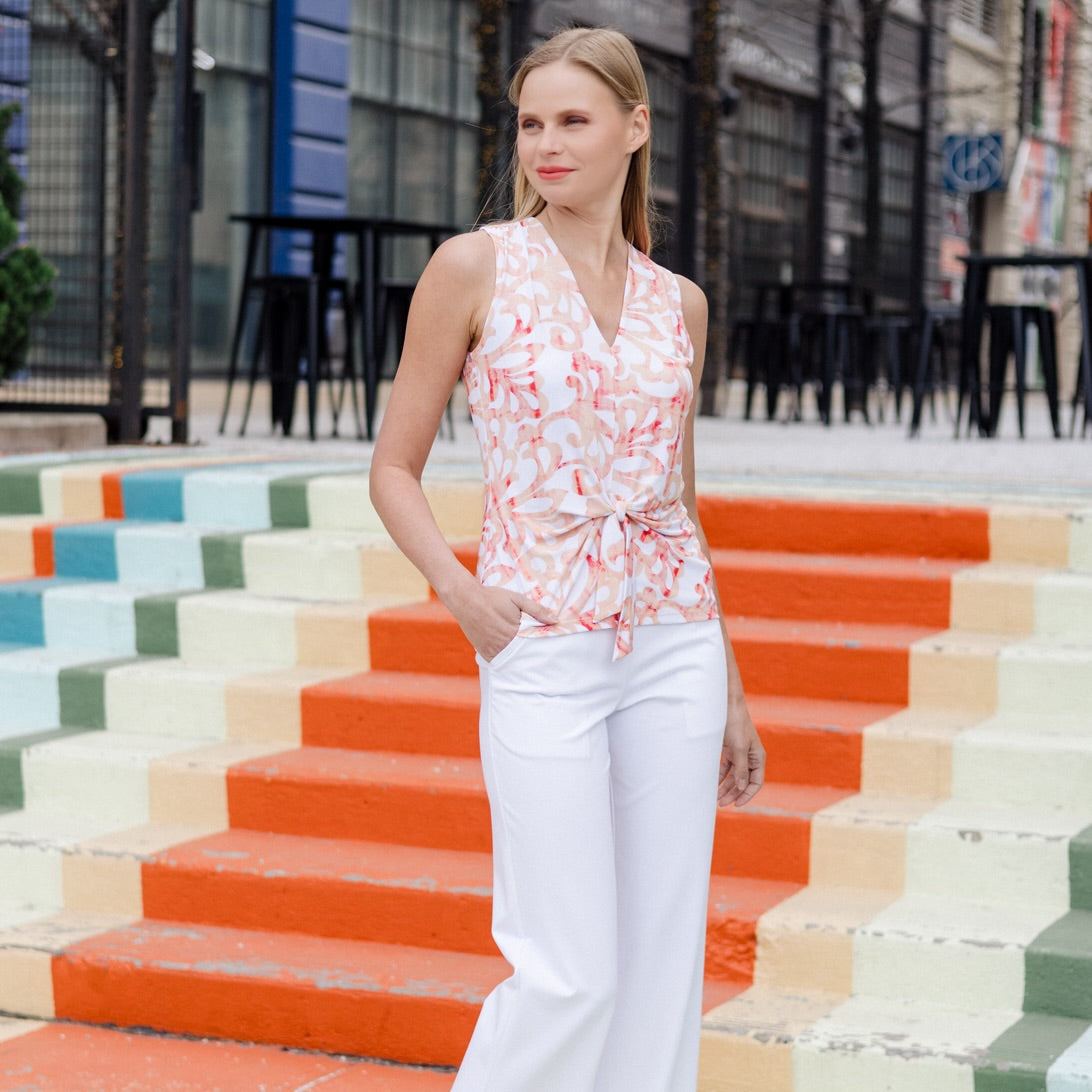 Sleeveless V-Neck Center Front Tie Top - Damask Motif - Final Sale | Clara Sunwoo Latest