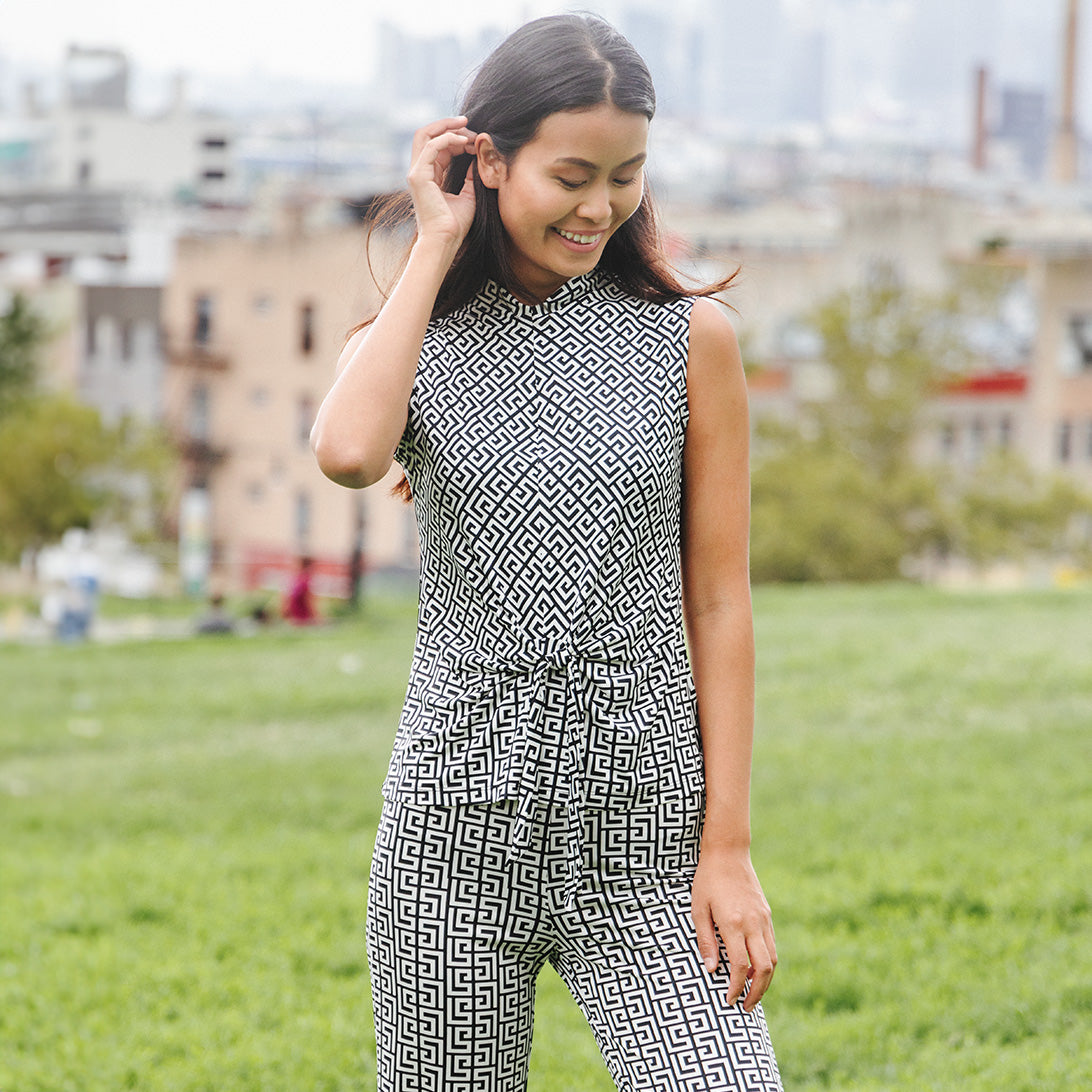 Butter Knit - Sleeveless Center Front Tie Top - Greek Key - Final Sale! | Clara Sunwoo Value