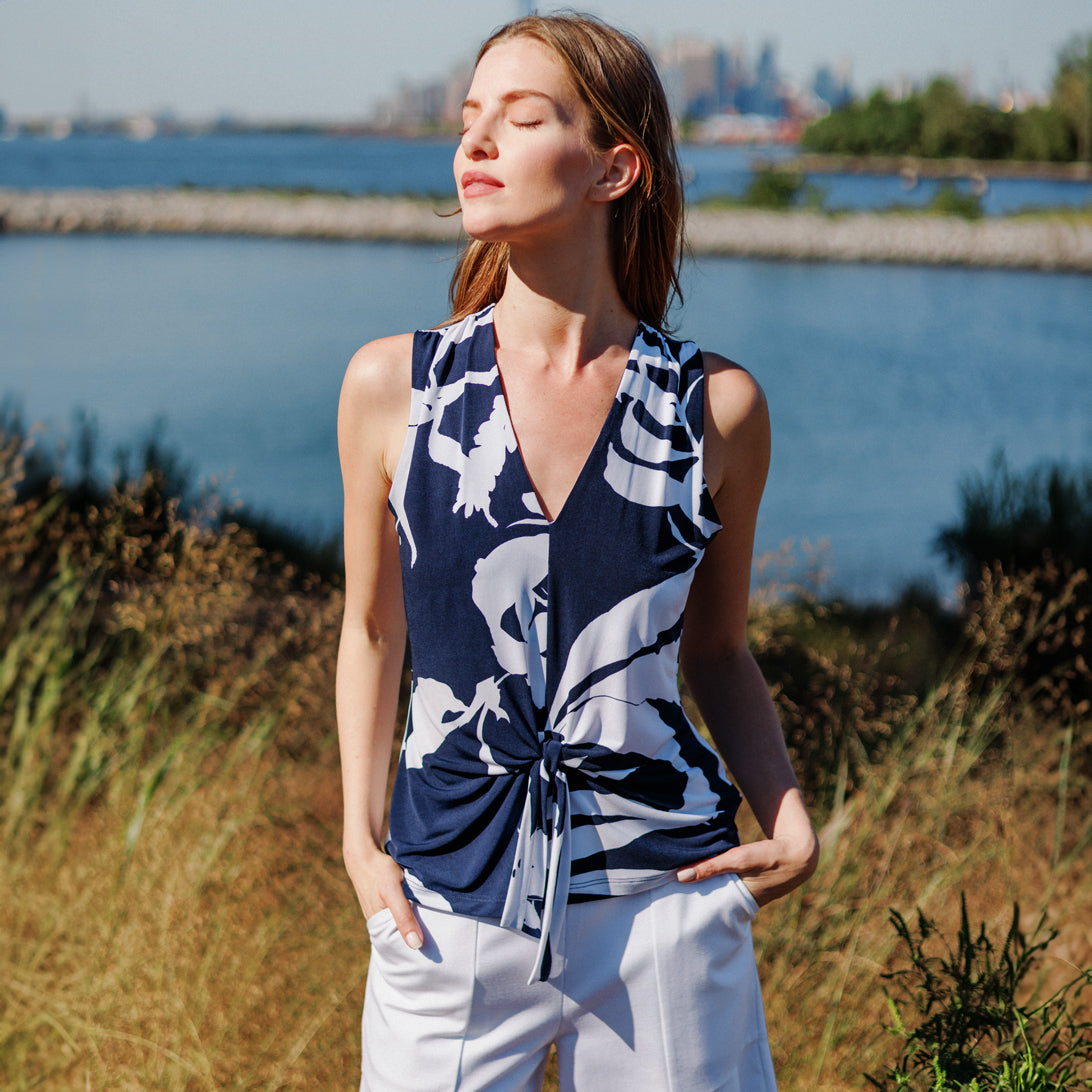 Sleeveless V-Neck Center Front Tie Top - Abstract Branch - Final Sale | Clara Sunwoo Recommended
