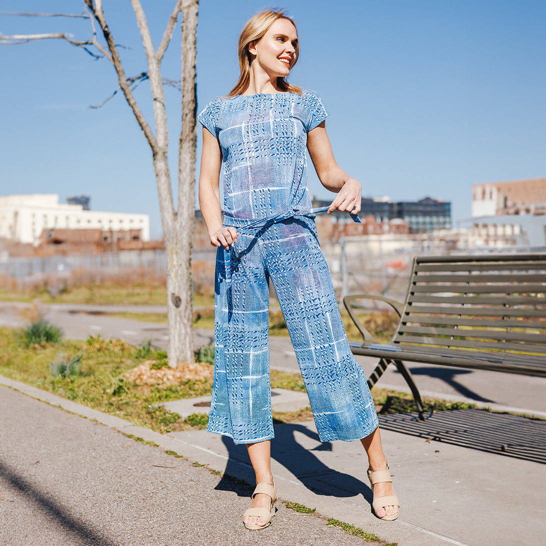 Textured Cap Sleeve Tie Hem Top - Denim Plaid - Final Sale | Clara Sunwoo Classic