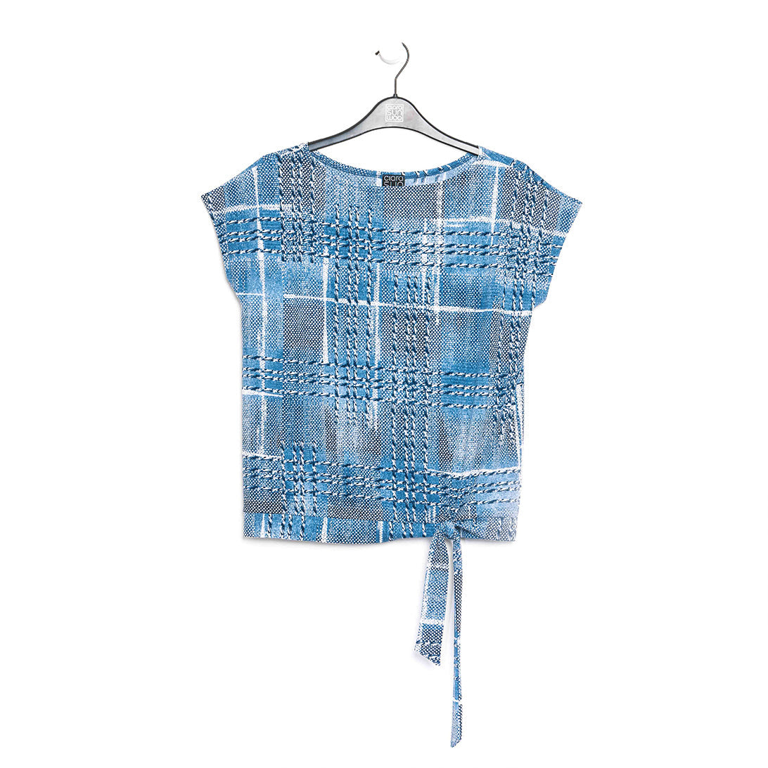 Textured Cap Sleeve Tie Hem Top - Denim Plaid - Final Sale | Clara Sunwoo Classic