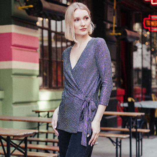 Shimmer Sequin - Faux Wrap Side Tie Tunic - Silver Pinstripe - Finale Sale | Clara Sunwoo Trusted
