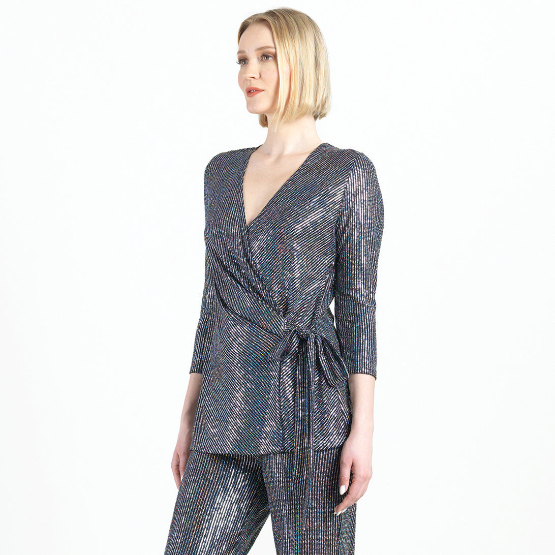 Shimmer Sequin - Faux Wrap Side Tie Tunic - Silver Pinstripe - Finale Sale | Clara Sunwoo Trusted