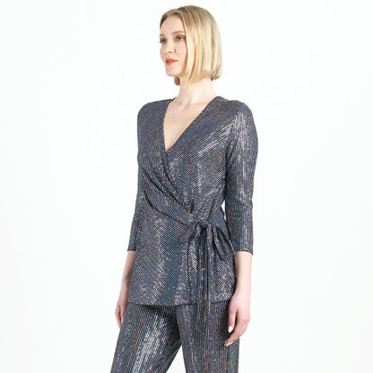 Shimmer Sequin - Faux Wrap Side Tie Tunic - Silver Pinstripe - Finale Sale | Clara Sunwoo Trusted