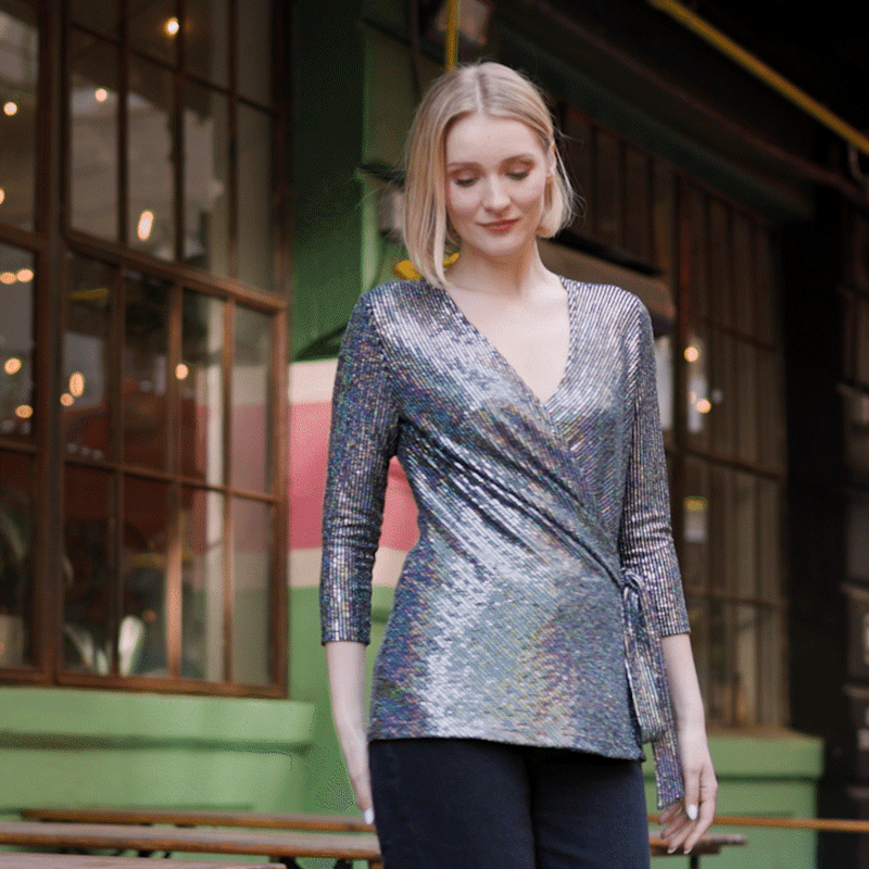 Shimmer Sequin - Faux Wrap Side Tie Tunic - Silver Pinstripe - Finale Sale | Clara Sunwoo Trusted
