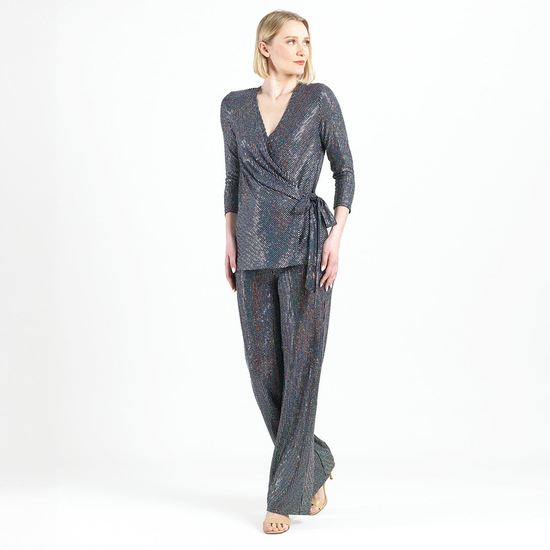 Shimmer Sequin - Faux Wrap Side Tie Tunic - Silver Pinstripe - Finale Sale | Clara Sunwoo Trusted