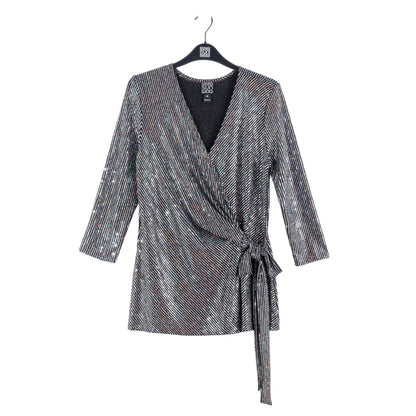 Shimmer Sequin - Faux Wrap Side Tie Tunic - Silver Pinstripe - Finale Sale | Clara Sunwoo Trusted