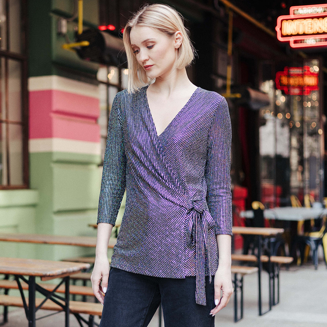 Shimmer Sequin - Faux Wrap Side Tie Tunic - Silver Pinstripe - Finale Sale | Clara Sunwoo Trusted