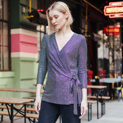 Shimmer Sequin - Faux Wrap Side Tie Tunic - Silver Pinstripe - Finale Sale | Clara Sunwoo Trusted