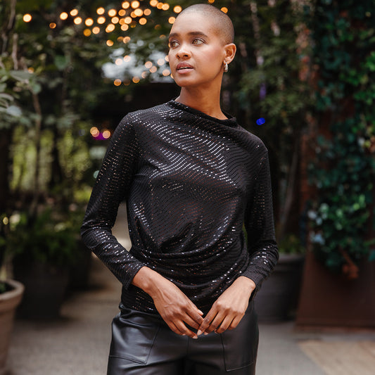 Shimmer Embellished - High Boat Neck Side Draped Top - Black - Final Sale! | Clara Sunwoo Customer Favorite
