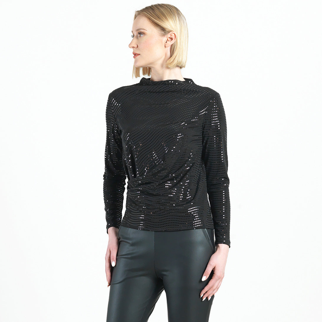 Shimmer Embellished - High Boat Neck Side Draped Top - Black - Final Sale! | Clara Sunwoo Customer Favorite