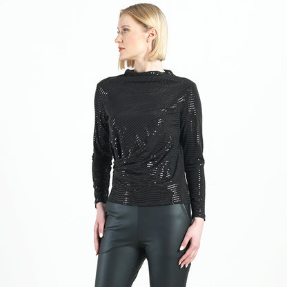 Shimmer Embellished - High Boat Neck Side Draped Top - Black - Final Sale! | Clara Sunwoo Customer Favorite