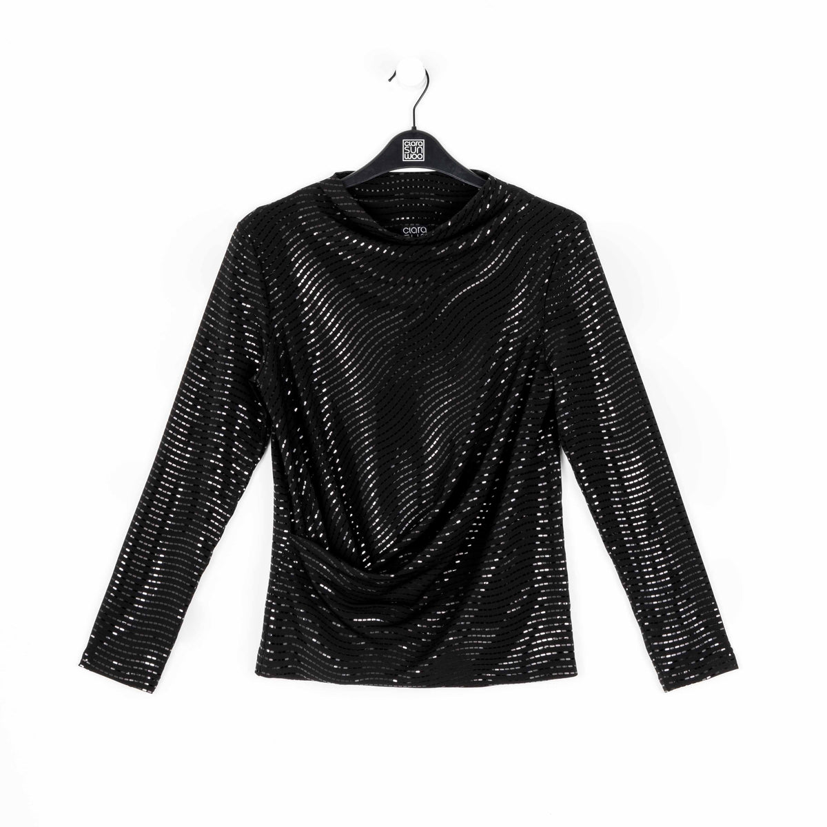 Shimmer Embellished - High Boat Neck Side Draped Top - Black - Final Sale! | Clara Sunwoo Customer Favorite