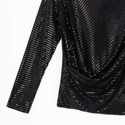 Shimmer Embellished - High Boat Neck Side Draped Top - Black - Final Sale! | Clara Sunwoo Customer Favorite