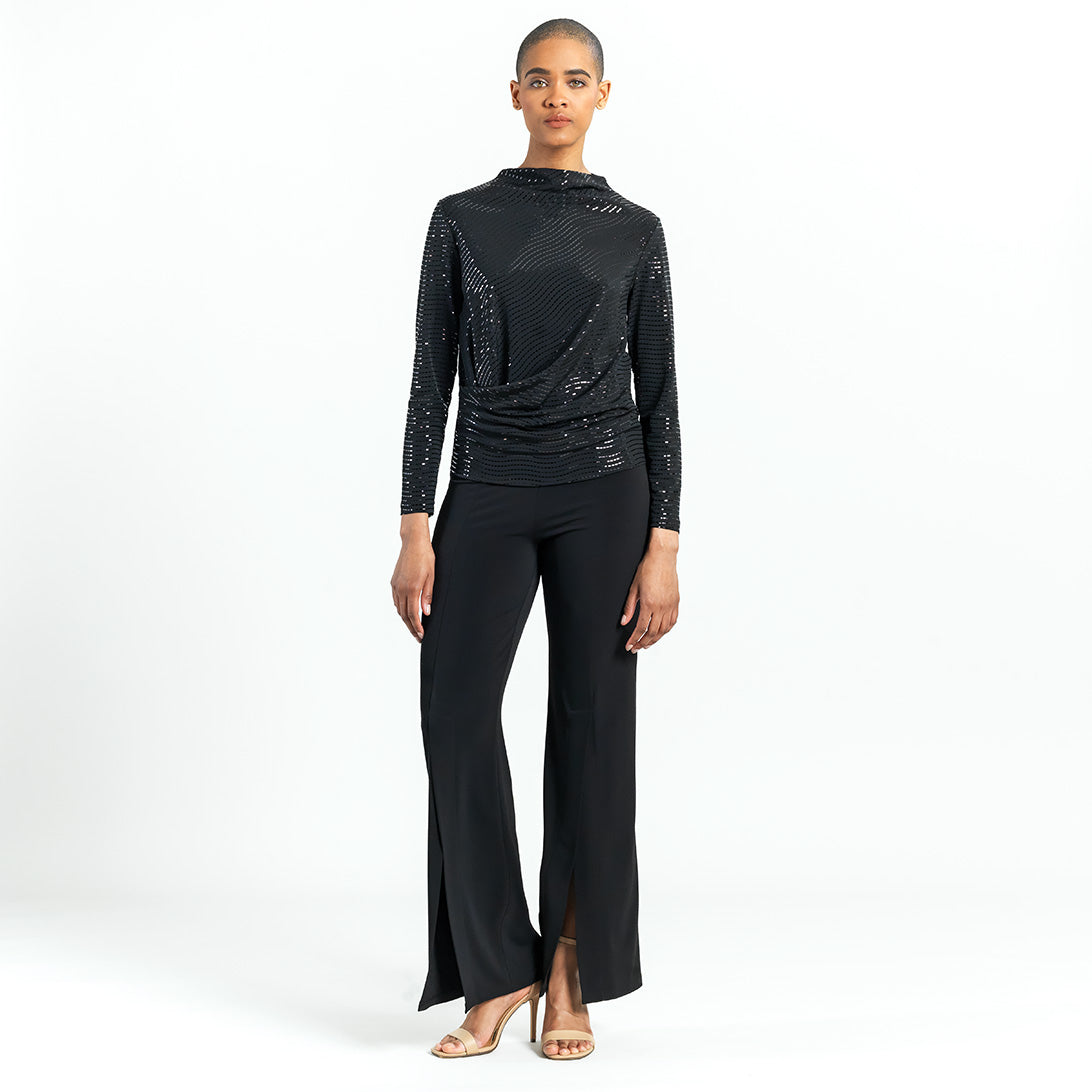 Shimmer Embellished - High Boat Neck Side Draped Top - Black - Final Sale! | Clara Sunwoo Customer Favorite