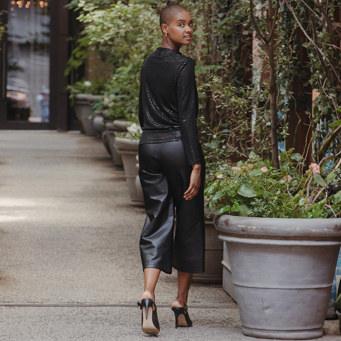 Shimmer Embellished - High Boat Neck Side Draped Top - Black - Final Sale! | Clara Sunwoo Customer Favorite