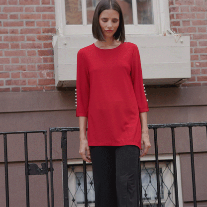 Glimmer Speck - Pearl Cuff Asymmetrical Reverse Hi-Low Tunic - Red - Final Sale! | Clara Sunwoo Top Pick