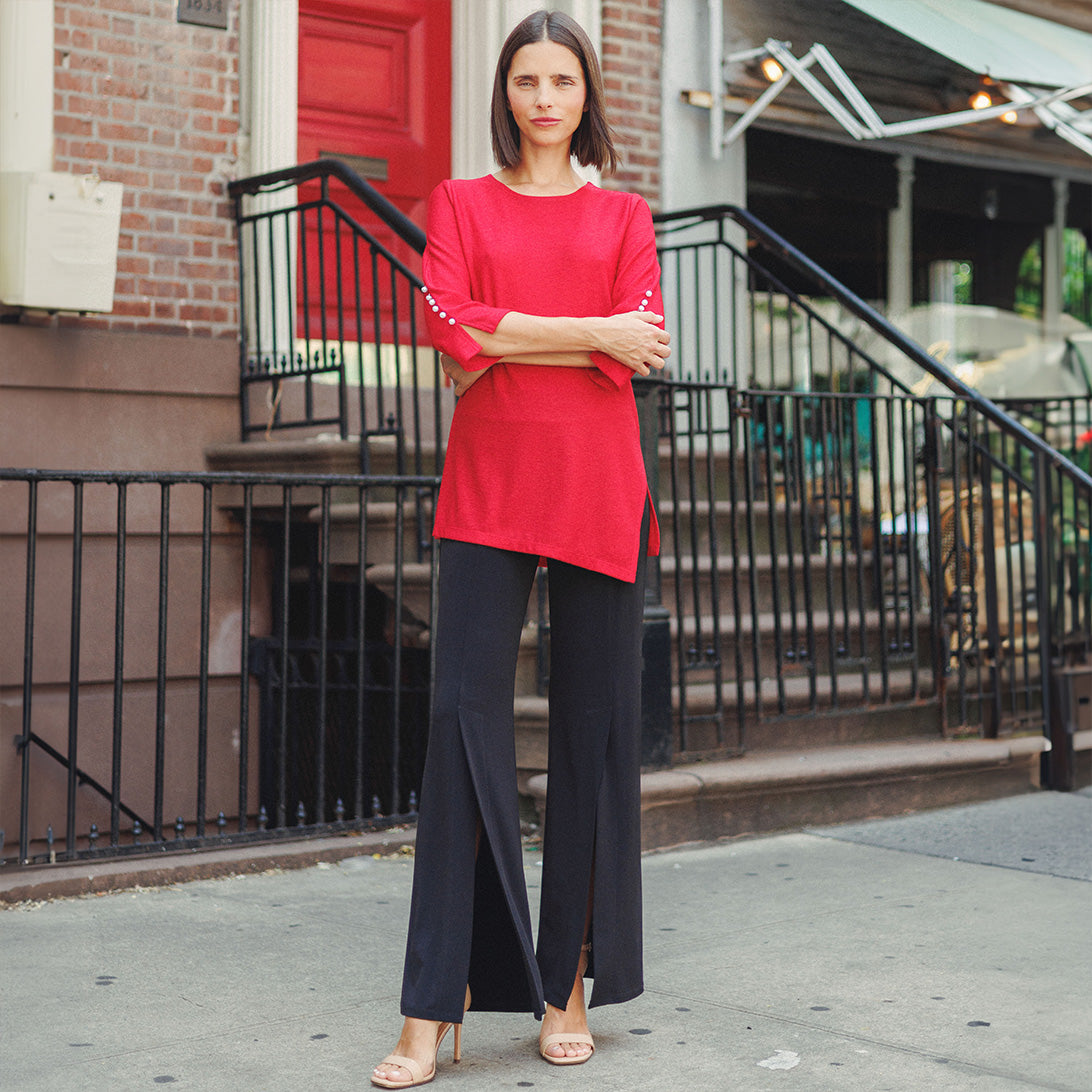 Glimmer Speck - Pearl Cuff Asymmetrical Reverse Hi-Low Tunic - Red - Final Sale! | Clara Sunwoo Top Pick