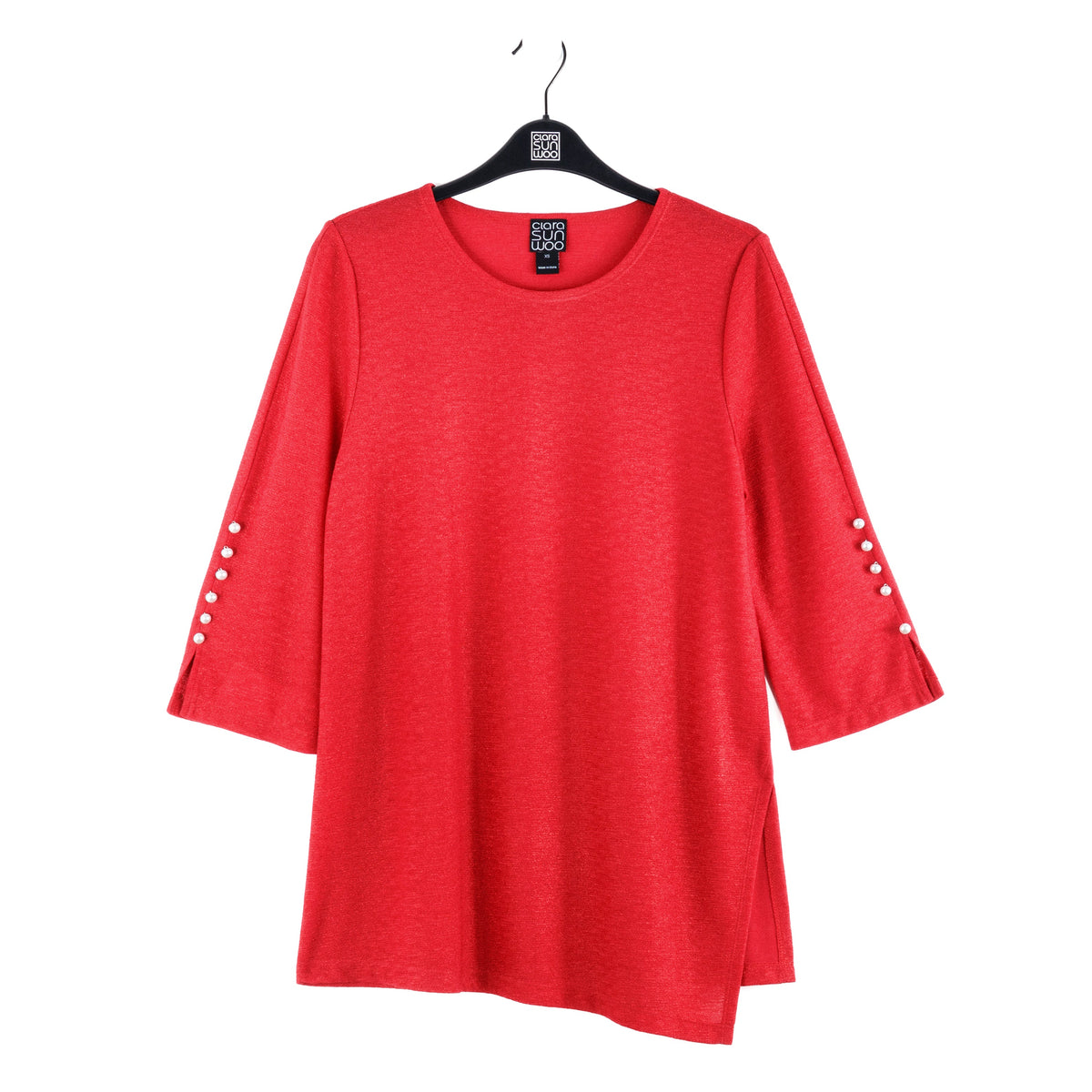 Glimmer Speck - Pearl Cuff Asymmetrical Reverse Hi-Low Tunic - Red - Final Sale! | Clara Sunwoo Top Pick