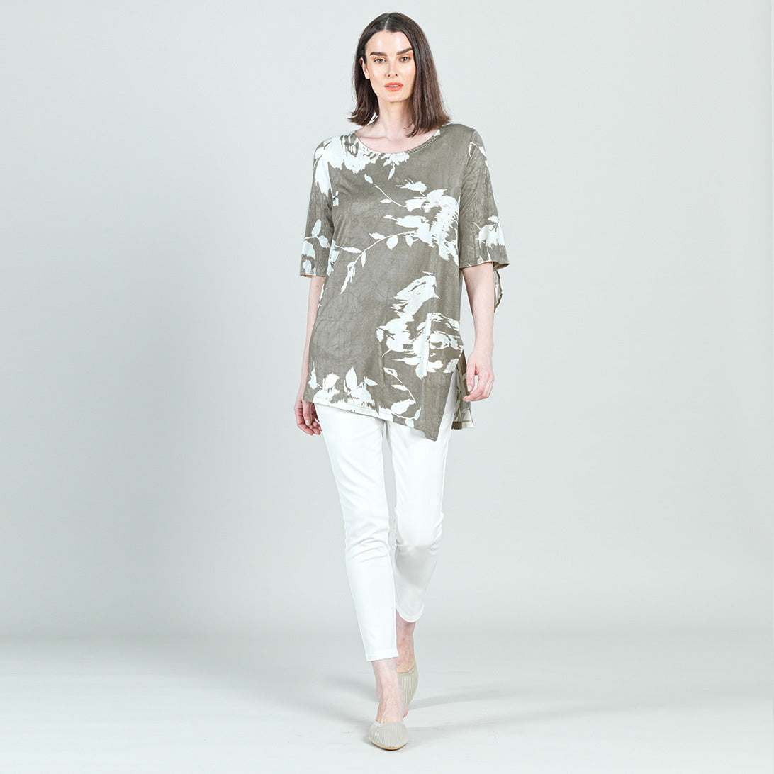 Crushed Silk Knit - Tie Cuff Asymmetrical Vent Tunic - Dreamy Floral-Taupe - Final Sale | Clara Sunwoo Exclusive