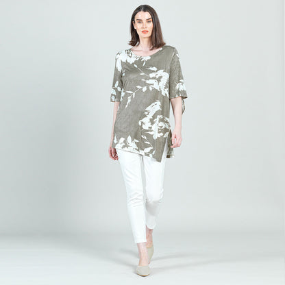 Crushed Silk Knit - Tie Cuff Asymmetrical Vent Tunic - Dreamy Floral-Taupe - Final Sale | Clara Sunwoo Exclusive