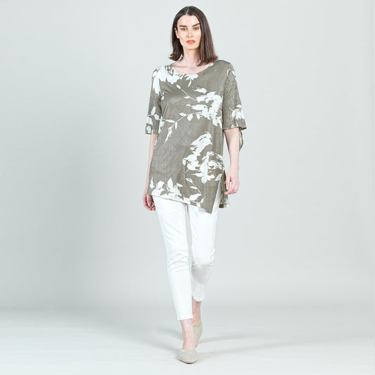 Crushed Silk Knit - Tie Cuff Asymmetrical Vent Tunic - Dreamy Floral-Taupe - Final Sale | Clara Sunwoo Exclusive