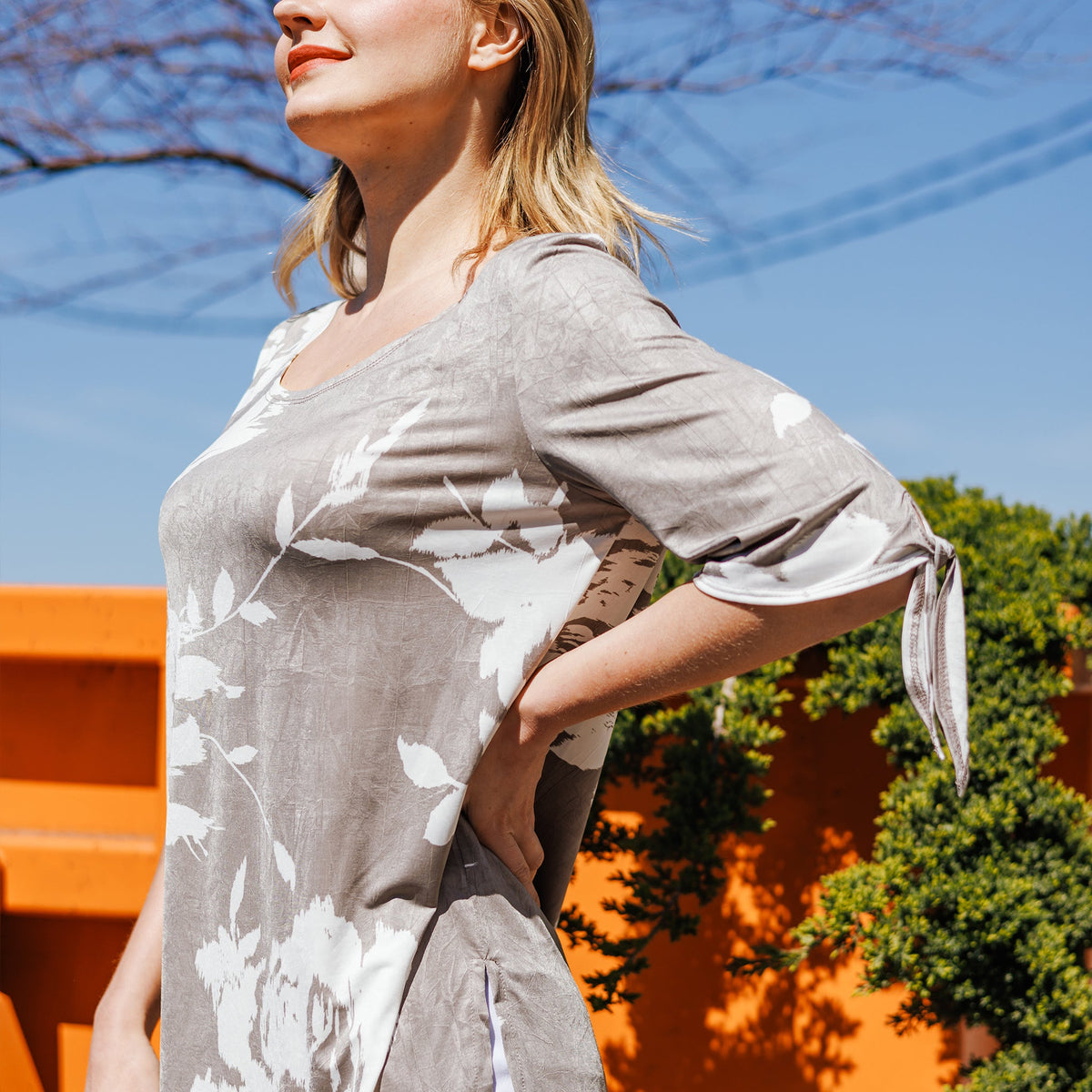 Crushed Silk Knit - Tie Cuff Asymmetrical Vent Tunic - Dreamy Floral-Taupe - Final Sale | Clara Sunwoo Exclusive