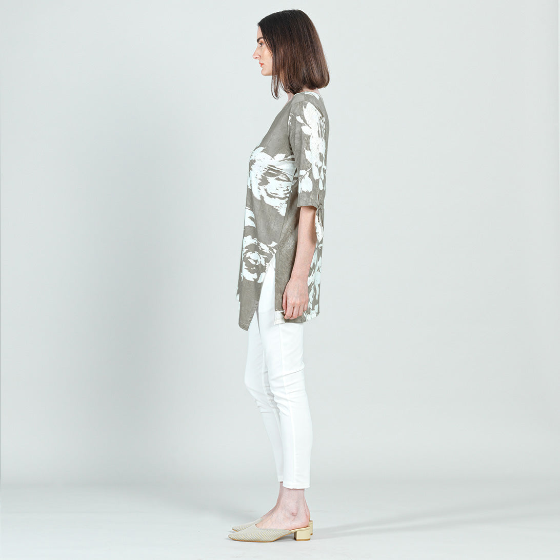 Crushed Silk Knit - Tie Cuff Asymmetrical Vent Tunic - Dreamy Floral-Taupe - Final Sale | Clara Sunwoo Exclusive