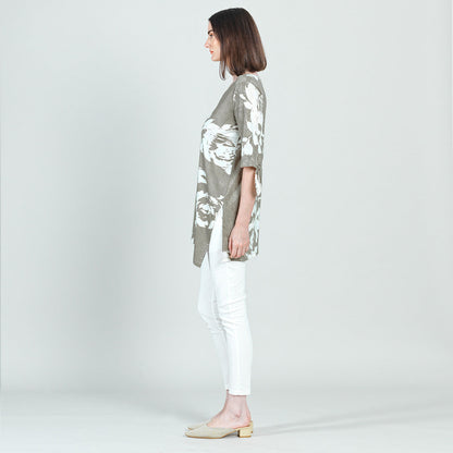 Crushed Silk Knit - Tie Cuff Asymmetrical Vent Tunic - Dreamy Floral-Taupe - Final Sale | Clara Sunwoo Exclusive