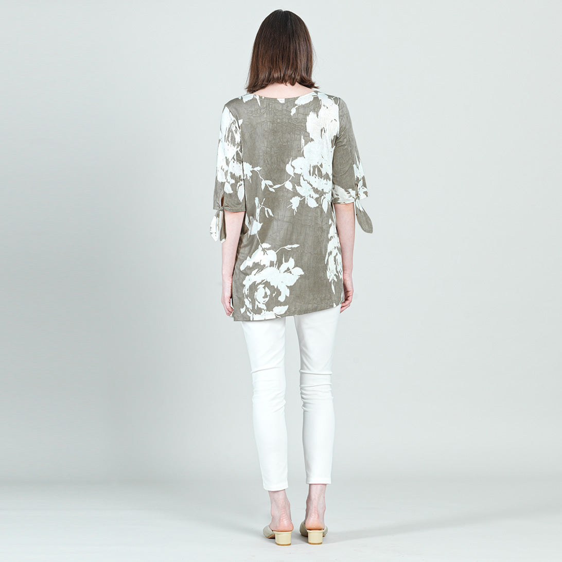 Crushed Silk Knit - Tie Cuff Asymmetrical Vent Tunic - Dreamy Floral-Taupe - Final Sale | Clara Sunwoo Exclusive