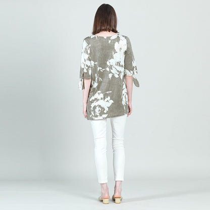 Crushed Silk Knit - Tie Cuff Asymmetrical Vent Tunic - Dreamy Floral-Taupe - Final Sale | Clara Sunwoo Exclusive