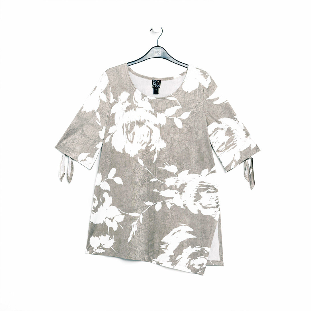 Crushed Silk Knit - Tie Cuff Asymmetrical Vent Tunic - Dreamy Floral-Taupe - Final Sale | Clara Sunwoo Exclusive