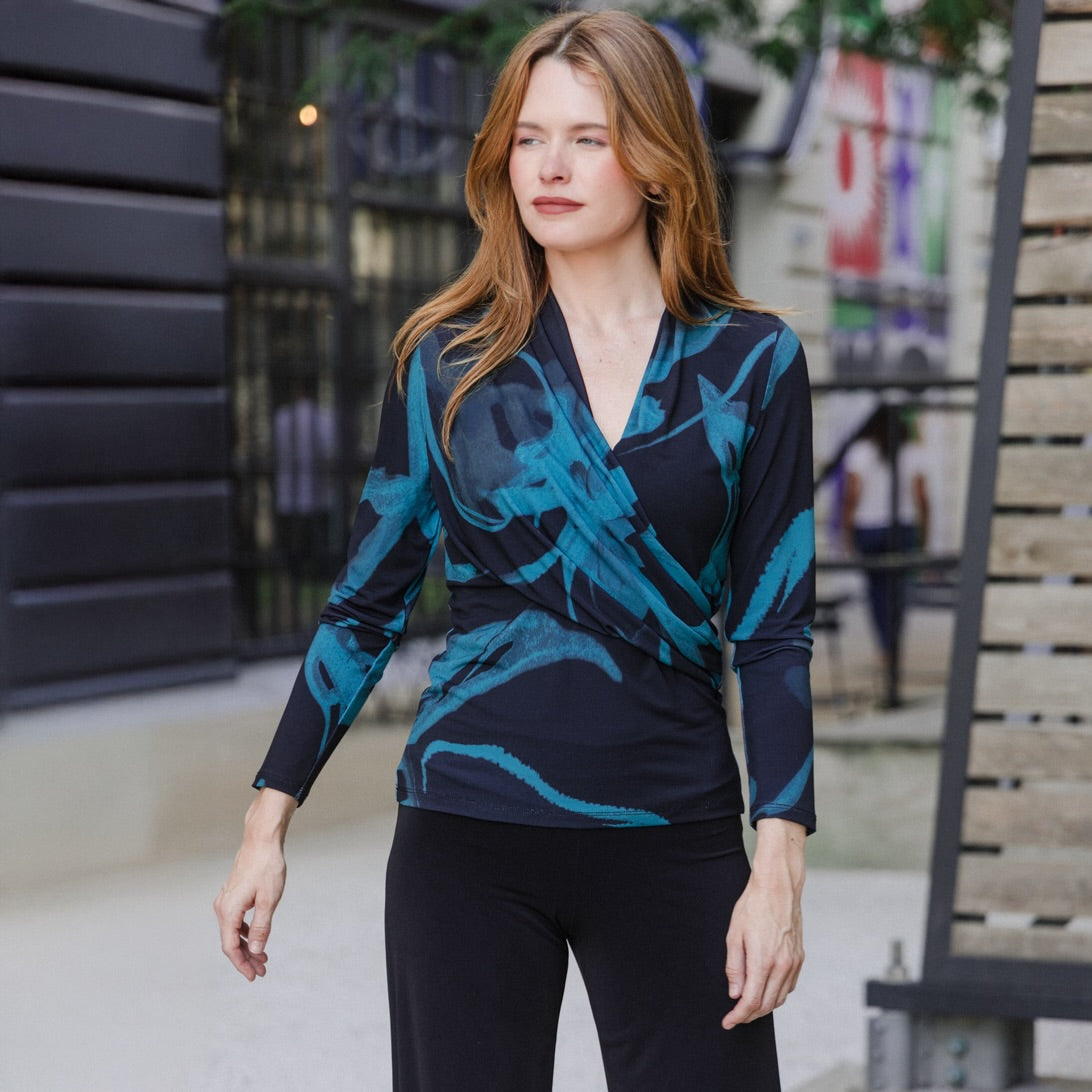 V-Neck Draped Pleat Top - Floral Eclipse - Final Sale | Clara Sunwoo Essential