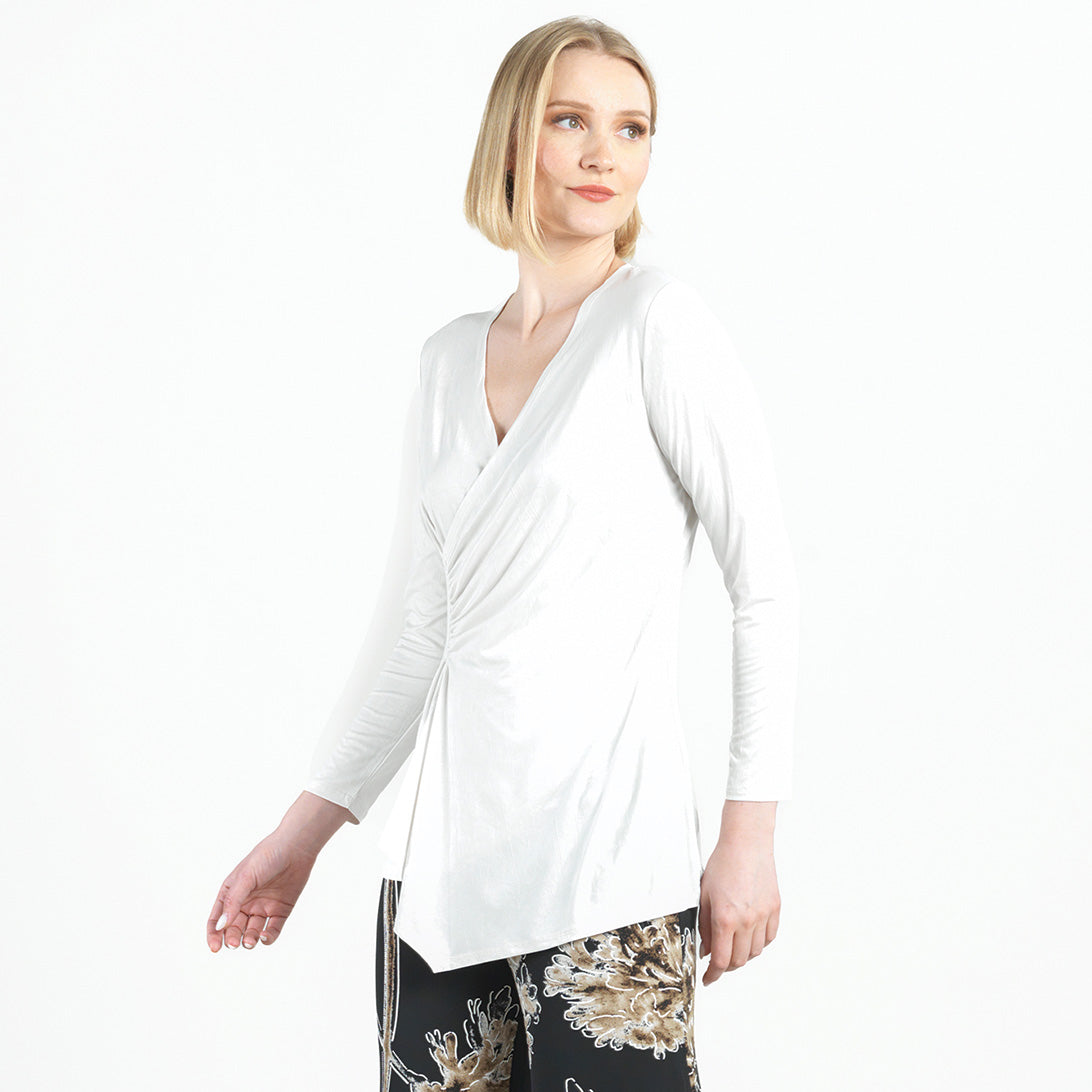 Crushed Silk Knit - Long Sleeve Side Gathered Drape Tunic - Ivory - Final Sale! | Clara Sunwoo Trending