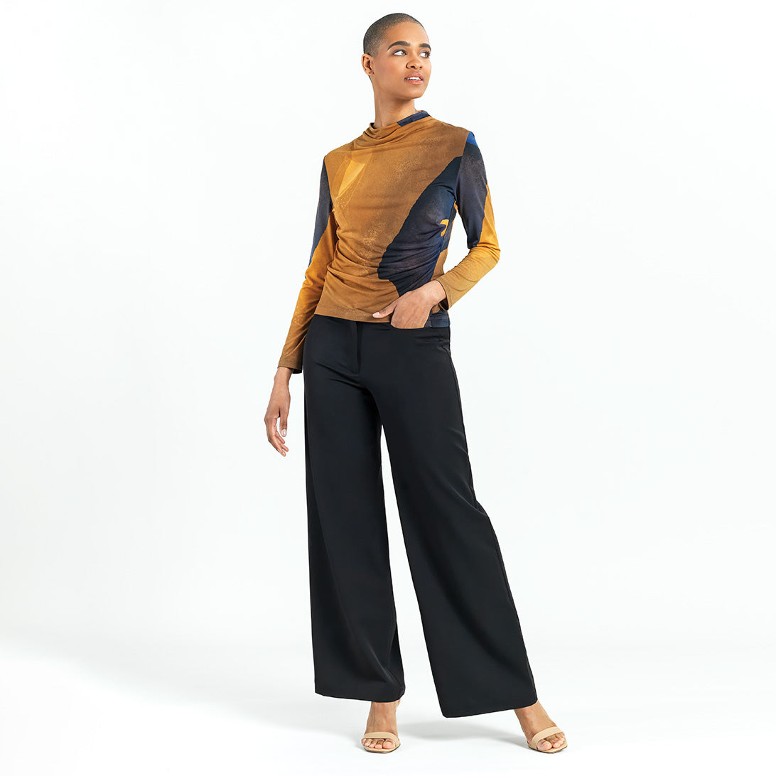 Draped Neck Side Ruched Top - Tan Watercolor - Final Sale! | Clara Sunwoo Trusted