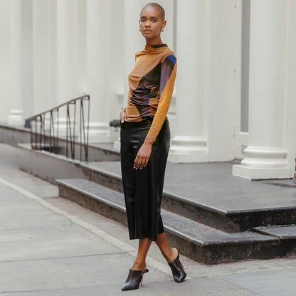 Draped Neck Side Ruched Top - Tan Watercolor - Final Sale! | Clara Sunwoo Trusted