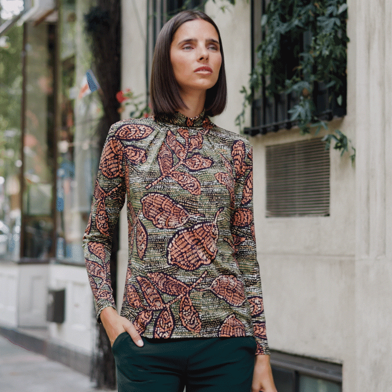 Mock Neck Pleated Detail Top - Mosaic Leaves - Final Sale! | Clara Sunwoo Everyday