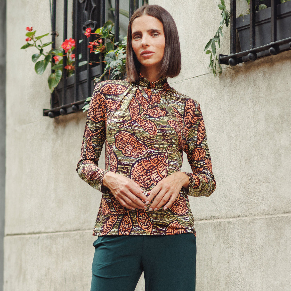 Mock Neck Pleated Detail Top - Mosaic Leaves - Final Sale! | Clara Sunwoo Everyday
