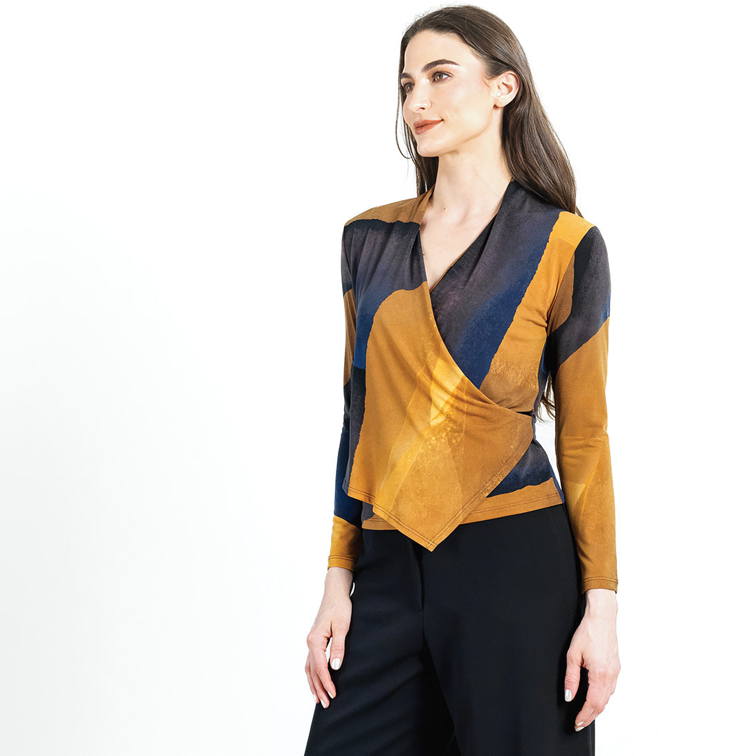 Long Sleeve Crossover Faux Wrap Top - Tan Watercolor - Final Sale! | Clara Sunwoo Deals