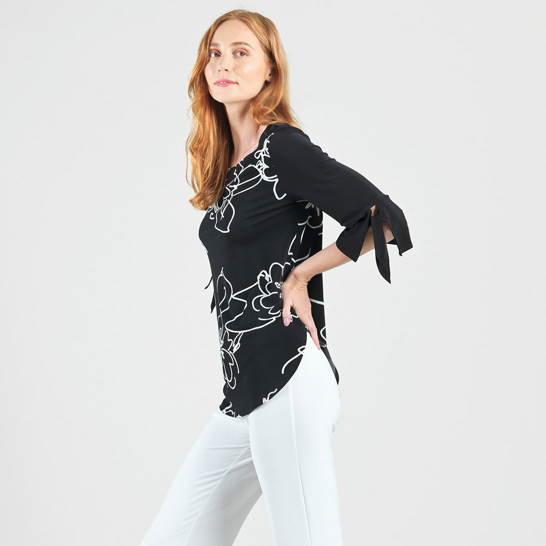 Crepe Knit - Tie Cuff Curved Hem Tunic - Blossom Sketch - Final Sale | Clara Sunwoo Sale